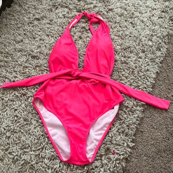 COPY - Neon Pink Plunge Swimsuit with Adjustable Tie - Picture 1 of 9